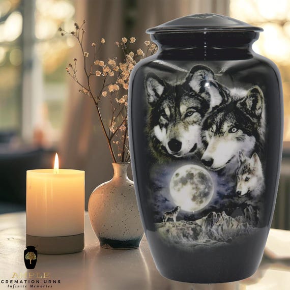 Wolf Memorial Cremation Urn for Human Ashes, Moonlight Design