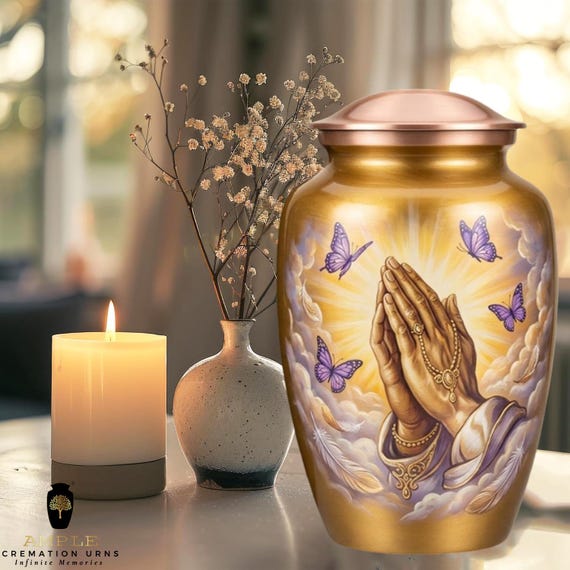 Praying Hands Cremation Urn for Human Ashes - Gold & Amethyst Butterfly Memorial -Funeral Urn - Spiritual Grace  Peace Tribute