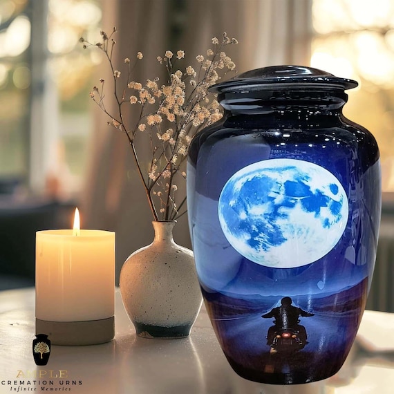 Motorcycle Cremation Urn for Human Ashes - Biker Under Full Moon Memorial Large Adult Funeral Urn & Small Keepsake Sizes for Shared Memories