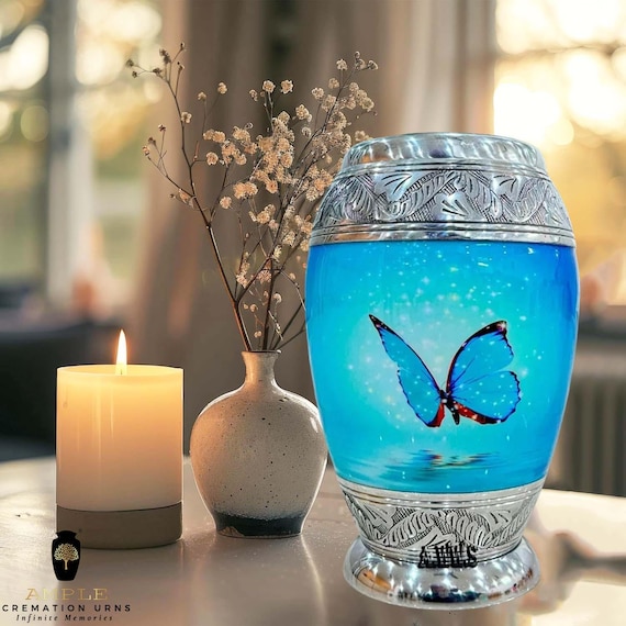 Blue Butterfly Cremation Urn for Human Ashes - Silver Engraved Floral Wings Memorial Large Adult Funeral Urn & Matching Keepsakes for Family