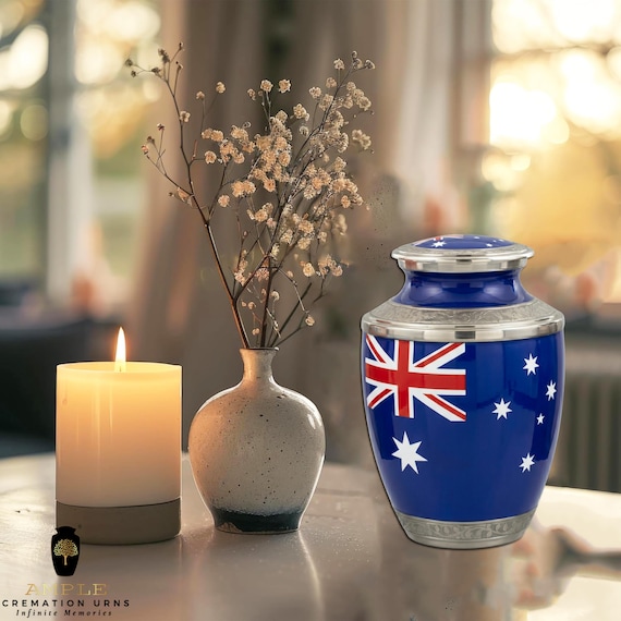 Australian Flag Cremation Urn for Human Ashes Adult Memorial Funeral Urn with Silver Engraved Bands and Secure Threaded Lid
