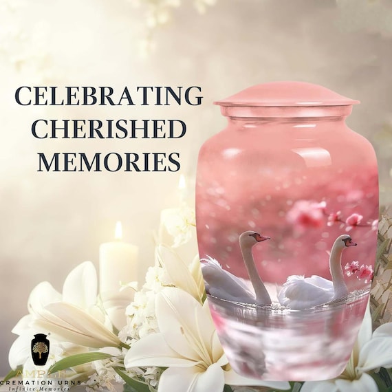 Pink Swan Cremation Urn for Human Ashes - Cherry Blossom Lake Memorial - Large Adult Funeral Urn & Matching Small Keepsakes - Floral Spirit