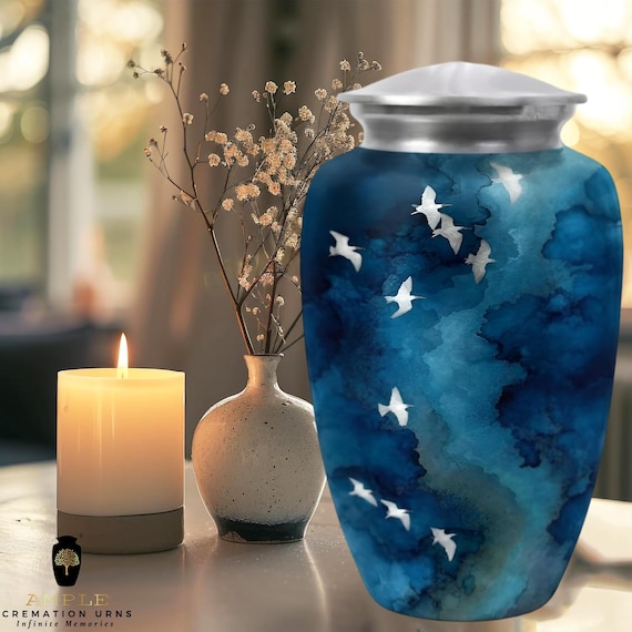 Blue Sky Bird Cremation Urn for Human Ashes – Peaceful Memorial Urn, Aluminum Adult & Keepsake Sizes, Engraving Available, Elegant Urn