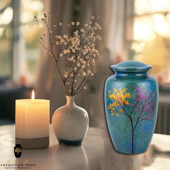Tree of Life Cremation Urn for Human Ashes, Floral Memorial Urn, Nature Tree Memorial, Adult Funeral Urn, Blue Green Aluminum Ashes Urn