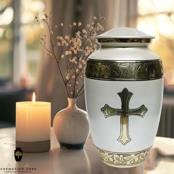 White & Gold Cremation Urn – Religious Memorial with Engraved Leaf Design