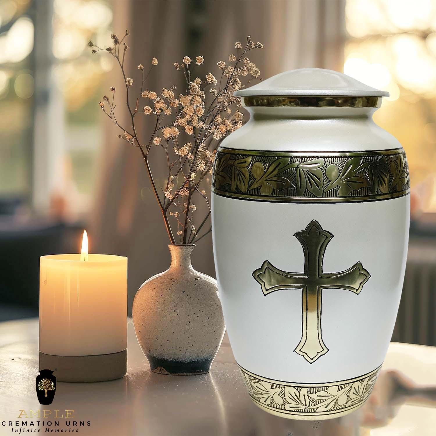 White & Gold Cremation Urn with Cross – Adult Funeral Urn for Human Ashes – Religious Memorial Urn with Engraved Leaf Design – 10.5 Inch