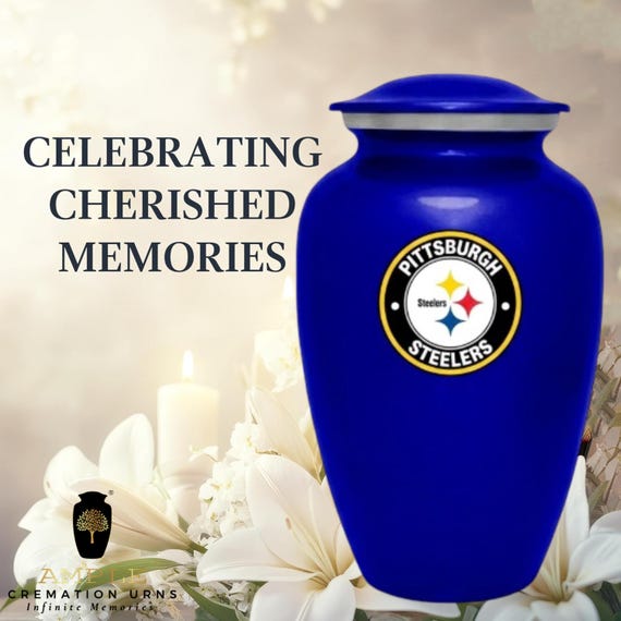 Pittsburgh Steelers Cremation Urn for Human Ashes, Royal Blue Football Fan Memorial with Team Emblem and Silver Tone Trim