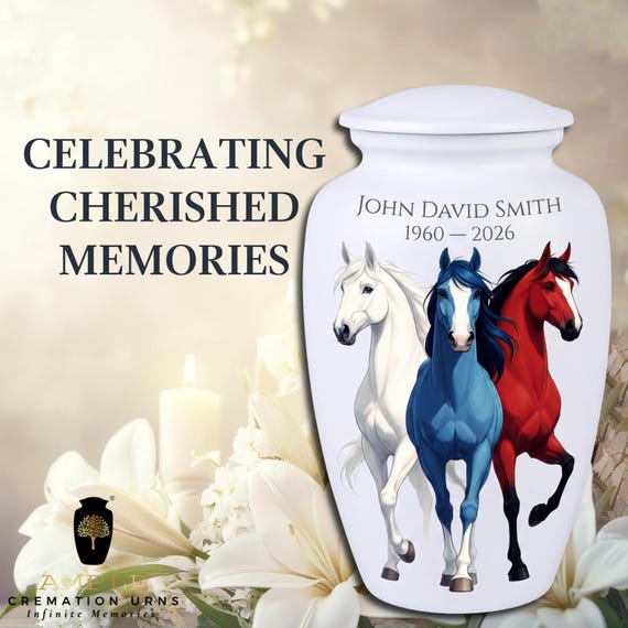 Personalized Horse Cremation Urn for Human Ashes, White Equestrian Memorial with Red White and Blue Horses, Custom Name and Dates