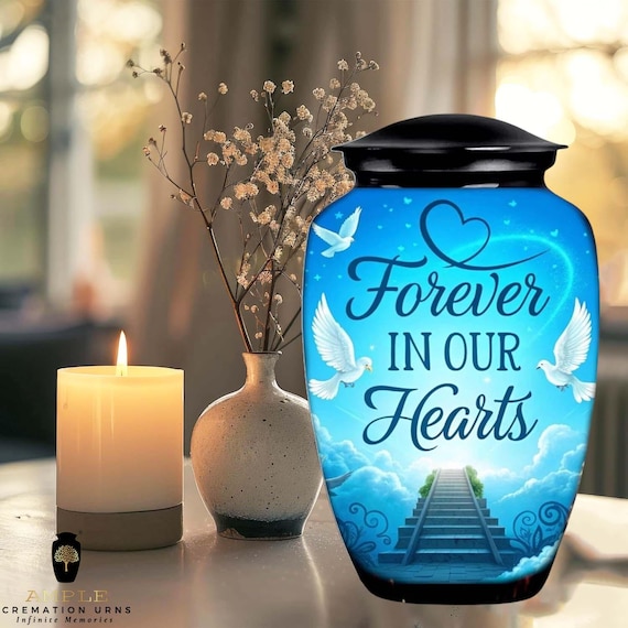 Forever in Our Hearts Cremation Urn for Human Ashes - Stairway to Heaven Memorial - Blue Sky & Doves Large Funeral Urn Shared Keepsakes