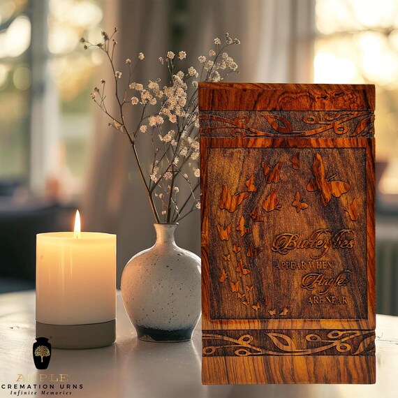 Butterfly Carved Wooden Cremation Urn, Memorial Ashes Box