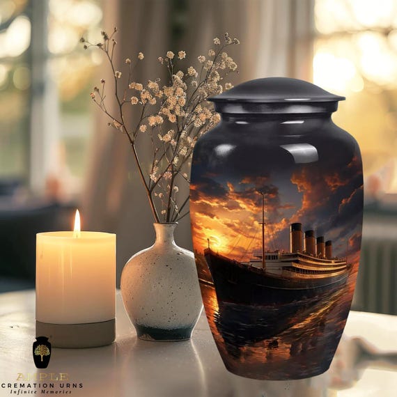 Titanic Ocean Liner Cremation Urn for Human Ashes - Majestic Ship at Sunset Memorial - Large Adult Funeral Urn & Matching Keepsake Options