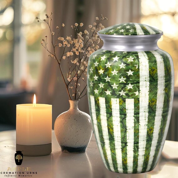 Patriotic American Flag Cremation Urn for Human Ashes Emerald Green  White Moss Texture Memorial Funeral Urn Veteran & Patriot Honor Tribute