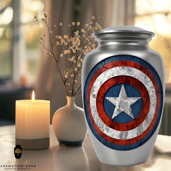 Superhero Shield Cremation Urn for Human Ashes – Aluminum Adult Urn & Keepsake Sizes, Engraving Available, Hero Tribute Memorial Urn
