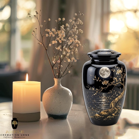 Black Moonlight Cremation Urn for Human Ashes Adult Memorial Funeral Urn with Golden Tree and Full Moon Artwork Secure Lid