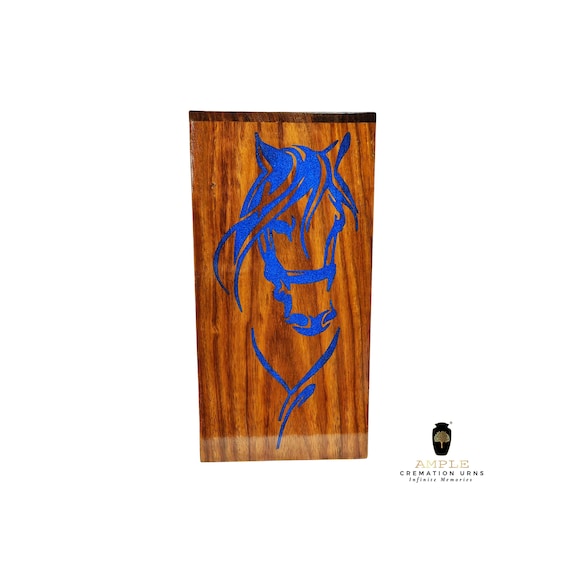 Handmade Wooden Horse Cremation Urn with Blue Inlay Art