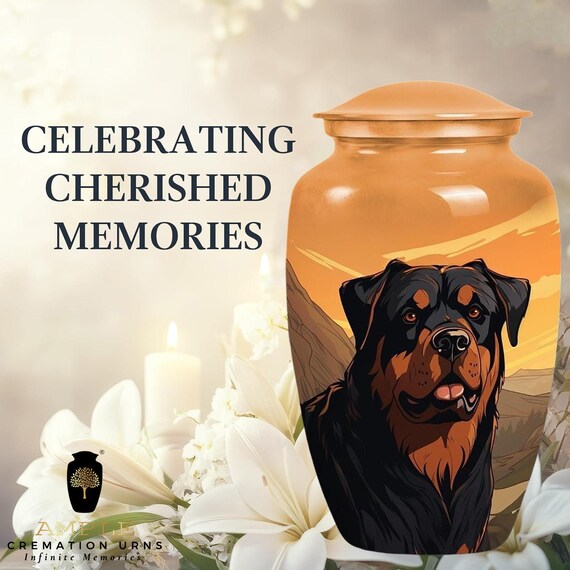 Rottweiler Pet Cremation Urn for Ashes - Large Dog Memorial with Sunset Mountain Scene - Urn for Loyal Companion - Heartfelt Pet Tribute