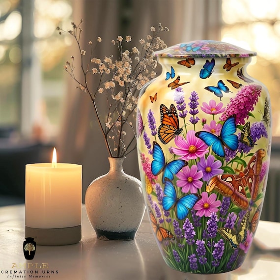 Butterfly Garden Cremation Urn for Human Ashes - Lavender & Wildflower Memorial - Funeral Urn  Shared Keepsakes - Nature Spirit Tribute