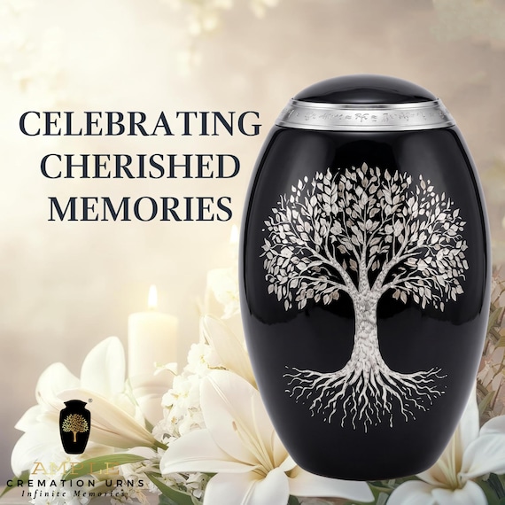 Tree of Life Cremation Urn for Human Ashes, Glossy Black and Silver Tone Memorial, Detailed Branches and Roots Design