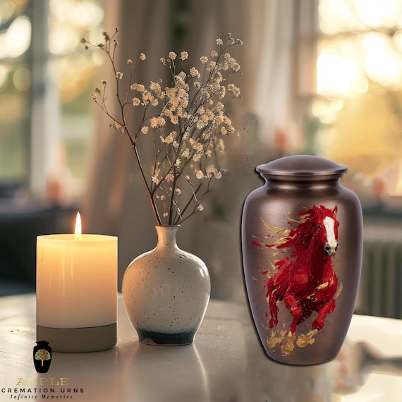 Red Horse Cremation Urn for Human Ashes, Horse Memorial Urn, Equestrian Funeral Urn, Brown Aluminum Ashes Urn, Artistic Horse Memorial