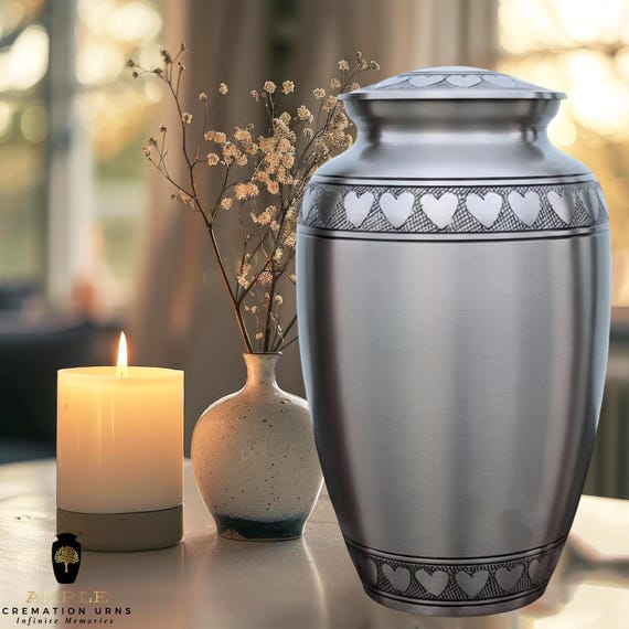 Eternal Love Pewter Cremation Urn for Human Ashes - Hand-Engraved Silver Hearts Memorial - Funeral Urn - Classic Brushed Metal Tribute