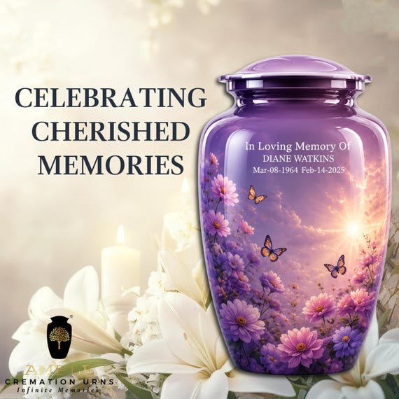 Personalized Butterfly Cremation Urn for Human Ashes, Purple Floral Memorial Urn, Custom Name & Dates, Adult Funeral Keepsake