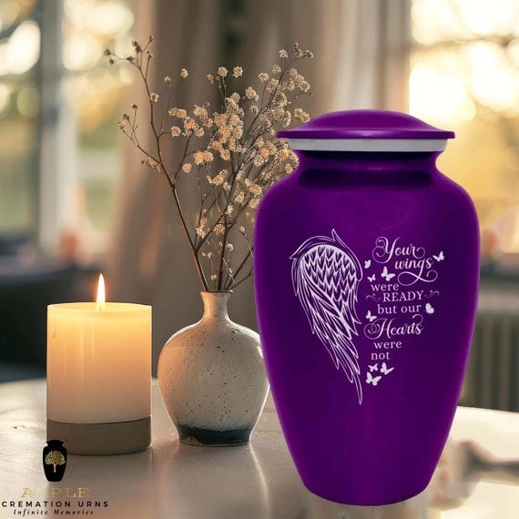 Purple Angel Wings Cremation Urn for Human Ashes - Your Wings Were Ready Memorial - Large Adult Funeral Urn & Matching Small Keepsake Sizes