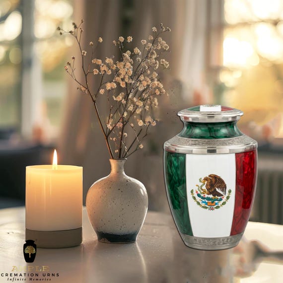 Mexico Flag Cremation Urn for Human Ashes Adult Memorial Funeral Urn with Mexican Eagle Design Decorative Metal Memorial Keepsake