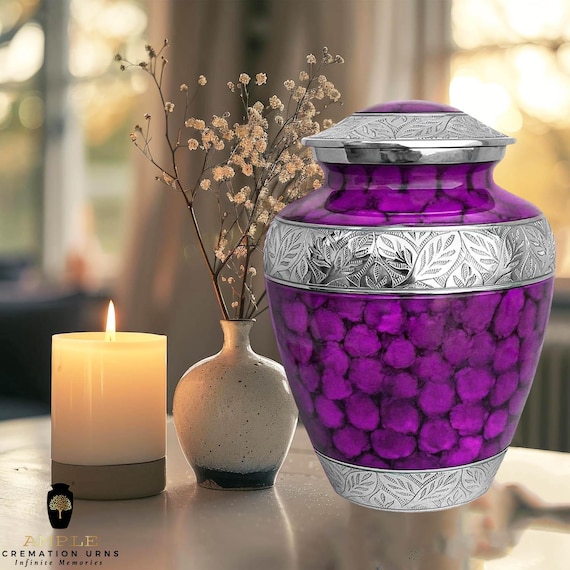 Purple Cremation Urn – Handcrafted Silver Leaf Engraved Memorial Urn