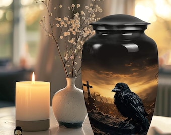 Black Raven Cremation Urn for Human Ashes - Gothic Crow & Cemetery Sunset Funeral Urn - Large Adult Memorial Urn  Matching Keepsakes