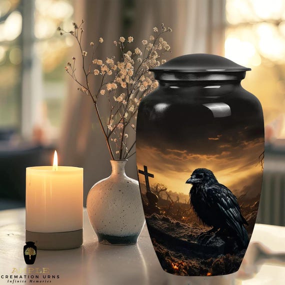 Black Raven Cremation Urn for Human Ashes - Gothic Crow & Cemetery Sunset Funeral Urn - Large Adult Memorial Urn  Matching Keepsakes