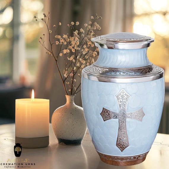 Light Blue Cremation Urn with Silver Cross – Adult Christian Funeral Urn for Human Ashes, Metal Memorial Urn