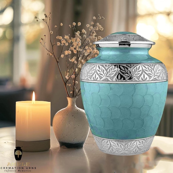 Turquoise Cremation Urn with Silver Leaf Engraving – Handcrafted Adult Funeral Urn