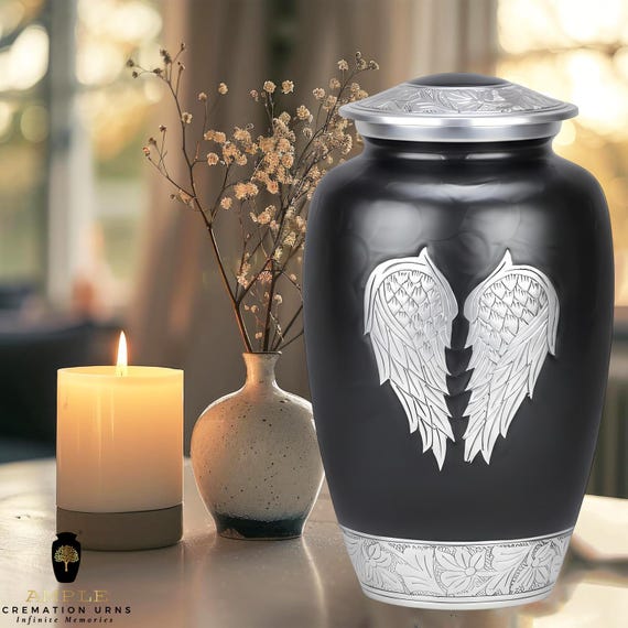 Silver Angel Wings Cremation Urn for Human Ashes - Hand-Engraved Guardian Wings Memorial Funeral Urn - Elegant Matte Black & Silver Tribute