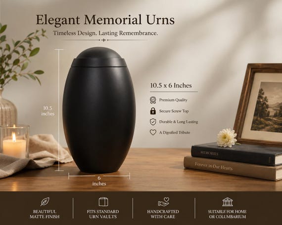 Black Cremation Urn for Human Ashes, Matte Memorial Urn, Adult Funeral Urn with Secure Screw Top, Modern Minimalist