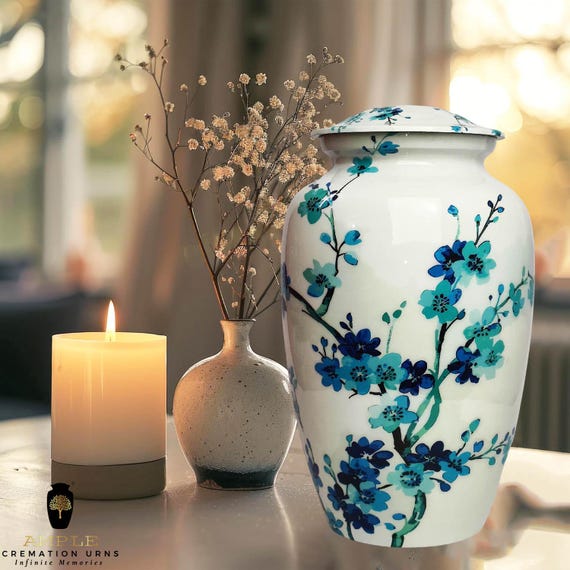 Blue Floral Cremation Urn for Human Ashes – Handcrafted Ceramic Memorial Urn, Elegant Keepsake & Large Urn with Engraving Option