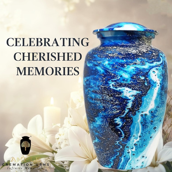 Blue Marble Effect Cremation Urn for Human Ashes, Ocean Inspired Memorial with Matching Lid