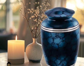 Classic Blue Cremation Urn – Traditional Funeral Memorial, Large Adult Urn for Human Ashes, Elegant Sympathy Gift, Decorative Burial Urn