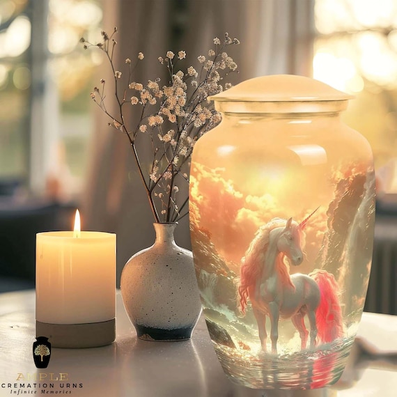 Magical Unicorn Cremation Urn for Human Ashes - Mythical Creature Sunset Memorial - Funeral Urn & Shared Keepsakes - Gold Finished Fantasy