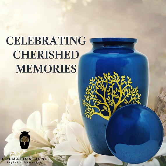 Blue Tree of Life Cremation Urn for Human Ashes, Gold Tone Memorial Design