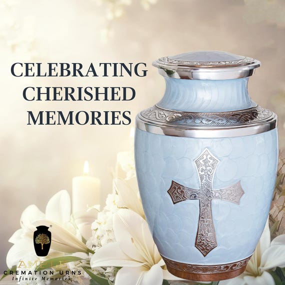 Light Blue Cross Cremation Urn for Human Ashes, Christian Memorial, Silver Tone Details