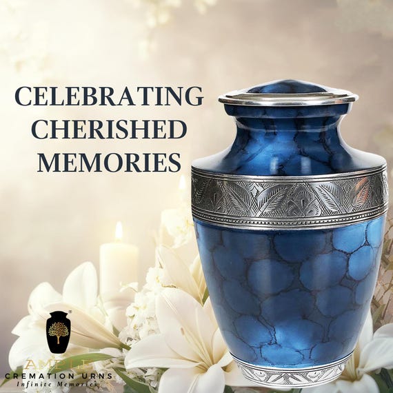 Blue Cremation Urn for Human Ashes, Silver Tone Leaf Border, Decorative Crackle Effect Memorial