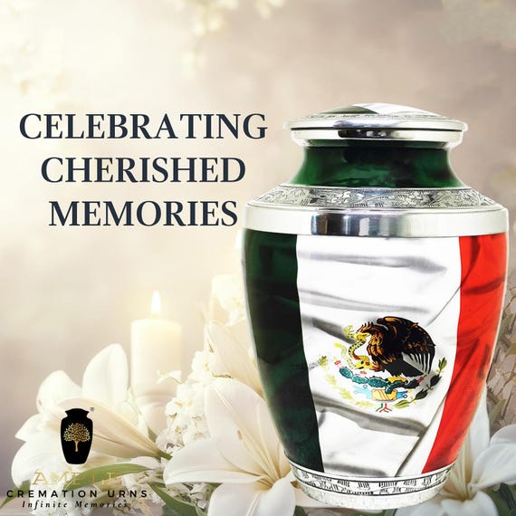Mexican Flag Cremation Urn for Human Ashes, Mexico Heritage Memorial with Silver Tone Details