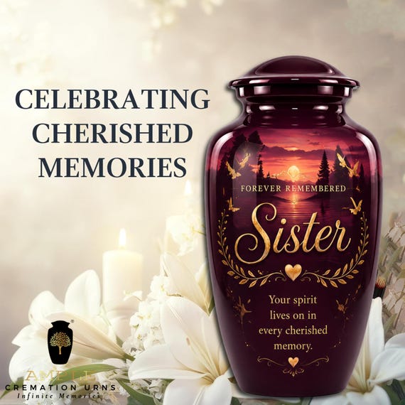 Sister Memorial Urn, Forever Remembered Cremation Keepsake, Burgundy Sunset Tribute, Sympathy Memorial