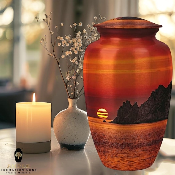 Ocean Sunset Cremation Urn for Human Ashes - Coastal Beach Memorial - Funeral Urn & Matching Shared Keepsakes - Serene Sea Spirit Tribute