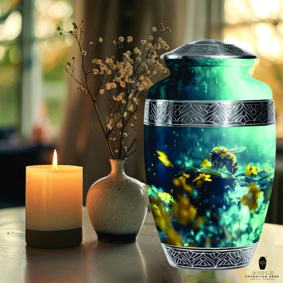 Honey Bee Cremation Urn for Human Ashes - Bumblebee on Open Book Memorial - Teal & Silver Nature Urn - Large Adult