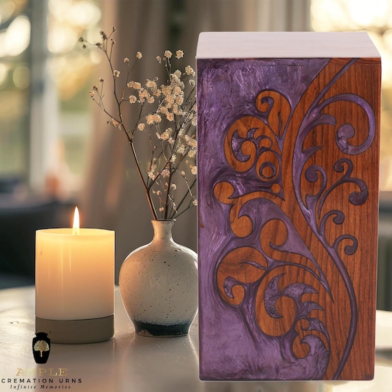 Handcrafted Wooden Cremation Urn: Elegant Leaf Inlay Design
