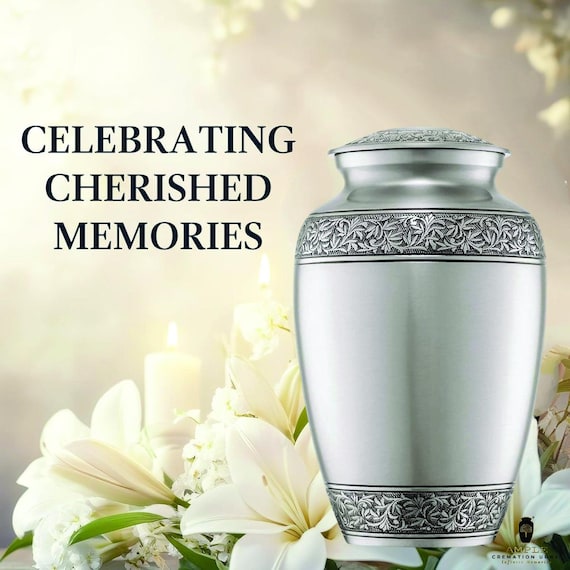 Silver Tone Cremation Urn for Human Ashes, Classic Memorial with Decorative Leaf Borders