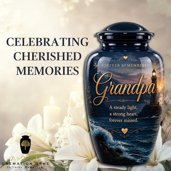 Grandpa Memorial Urn, Lighthouse Cremation Keepsake, Ocean Tribute, Forever Remembered Grandfather Memorial