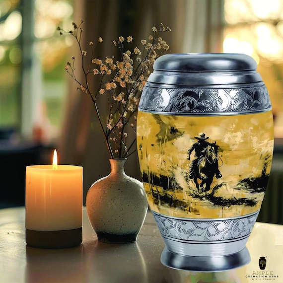 Cowboy Horse Cremation Urn for Human Ashes - Western Rider Silhouette Memorial - Silver Engraved Large Adult Urn  Small Keepsakes for Family