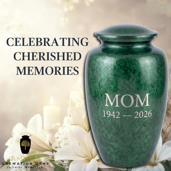 Personalized Mom Cremation Urn for Human Ashes, Green Marble Effect Mother Memorial with Custom Dates and Silver Tone Lettering